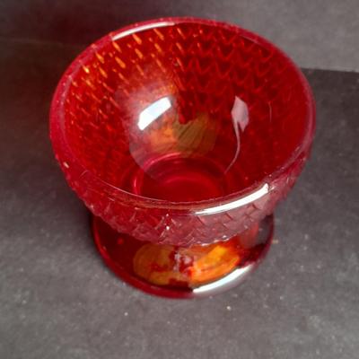 Red Glass collection, lidded candy dish, bowl, two Oshkosh Paragon candle votives, and more