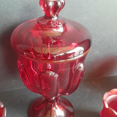 Red Glass collection, lidded candy dish, bowl, two Oshkosh Paragon candle votives, and more