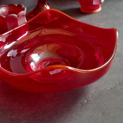 Red Glass collection, lidded candy dish, bowl, two Oshkosh Paragon candle votives, and more