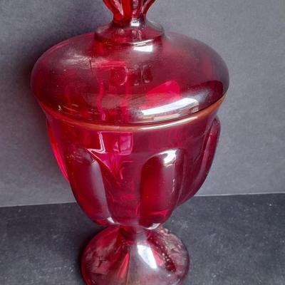 Red Glass collection, lidded candy dish, bowl, two Oshkosh Paragon candle votives, and more