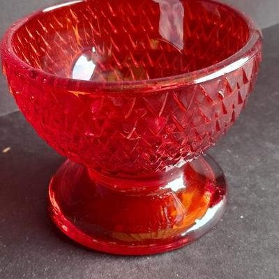 Red Glass collection, lidded candy dish, bowl, two Oshkosh Paragon candle votives, and more