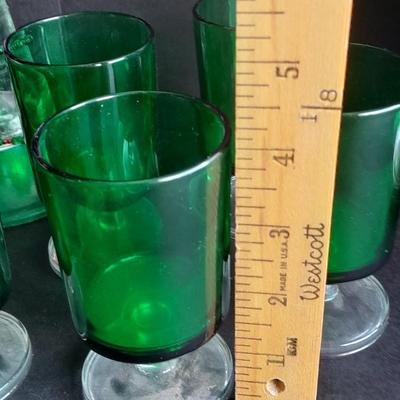 10 vintage Luminarc France Cavalier Emerald Green glasses with vintage porcelain electric pot and more