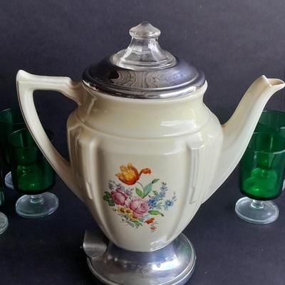 10 vintage Luminarc France Cavalier Emerald Green glasses with vintage porcelain electric pot and more