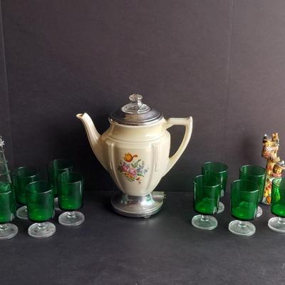 10 vintage Luminarc France Cavalier Emerald Green glasses with vintage porcelain electric pot and more