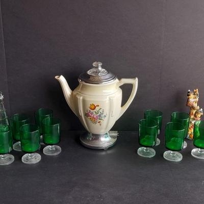 10 vintage Luminarc France Cavalier Emerald Green glasses with vintage porcelain electric pot and more