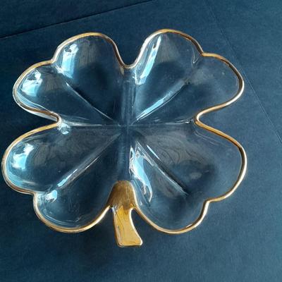 Vintage Jeannette Glass Gold Trimmed Butterfly dish & Jeannette glass shamrock with gold trim