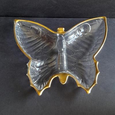 Vintage Jeannette Glass Gold Trimmed Butterfly dish & Jeannette glass shamrock with gold trim