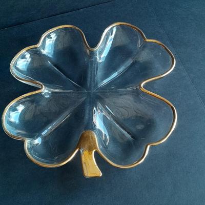 Vintage Jeannette Glass Gold Trimmed Butterfly dish & Jeannette glass shamrock with gold trim