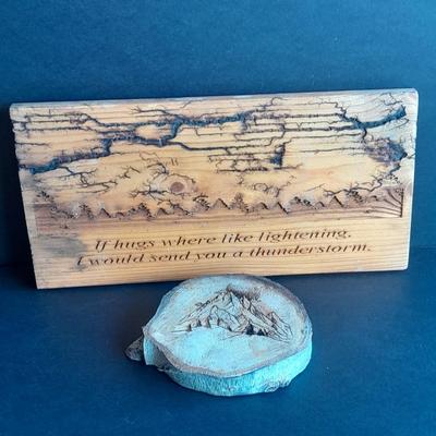 Two wall hangings with Fracted wood design "If hugs were like Lightning, I would send you a Thunderstorm, and mountain scene