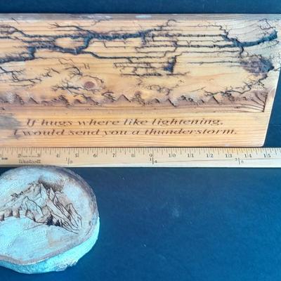 Two wall hangings with Fracted wood design "If hugs were like Lightning, I would send you a Thunderstorm, and mountain scene