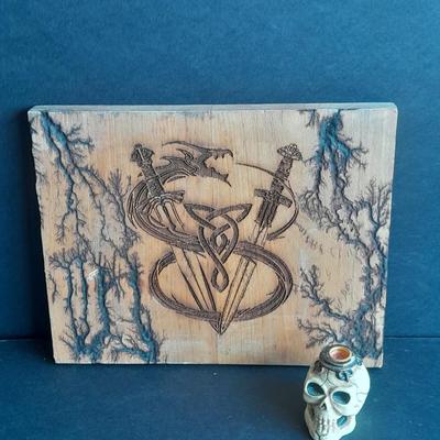 D & D Wall hanging with Fracted wood design and skull candle votive