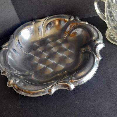 Metal ware, Covered butterdish, Bowl, and silverplate ladle, and beautiful glass vase