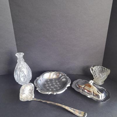 Metal ware, Covered butterdish, Bowl, and silverplate ladle, and beautiful glass vase