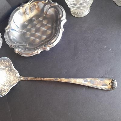 Metal ware, Covered butterdish, Bowl, and silverplate ladle, and beautiful glass vase