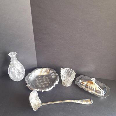 Metal ware, Covered butterdish, Bowl, and silverplate ladle, and beautiful glass vase
