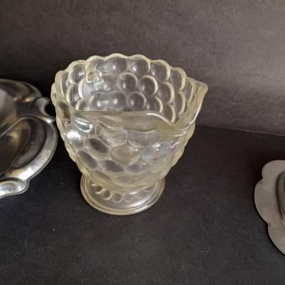 Metal ware, Covered butterdish, Bowl, and silverplate ladle, and beautiful glass vase