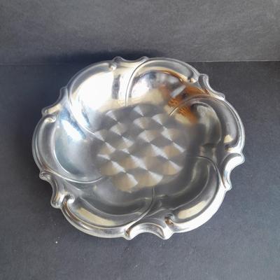 Metal ware, Covered butterdish, Bowl, and silverplate ladle, and beautiful glass vase