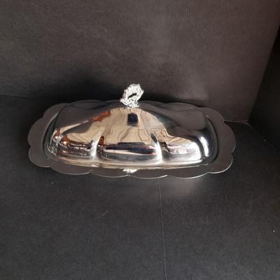 Metal ware, Covered butterdish, Bowl, and silverplate ladle, and beautiful glass vase
