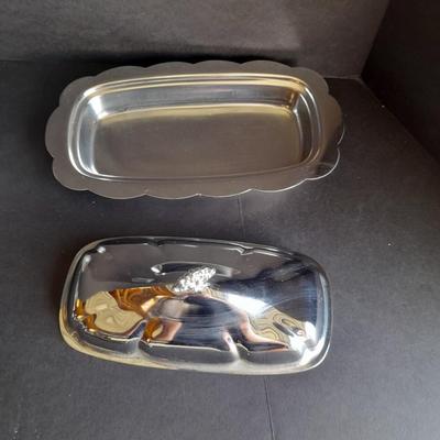 Metal ware, Covered butterdish, Bowl, and silverplate ladle, and beautiful glass vase