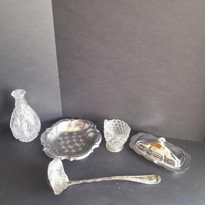 Metal ware, Covered butterdish, Bowl, and silverplate ladle, and beautiful glass vase