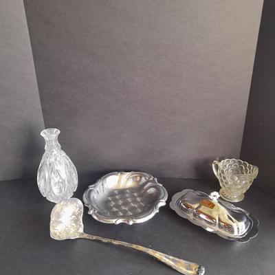 Metal ware, Covered butterdish, Bowl, and silverplate ladle, and beautiful glass vase