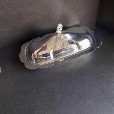 Metal ware, Covered butterdish, Bowl, and silverplate ladle, and beautiful glass vase