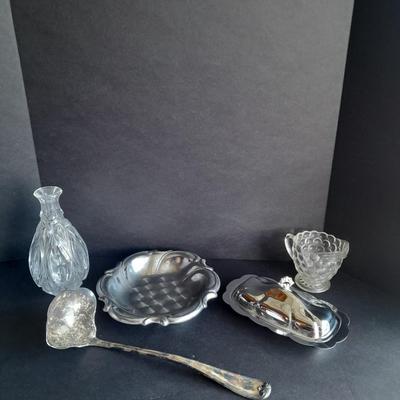 Metal ware, Covered butterdish, Bowl, and silverplate ladle, and beautiful glass vase