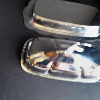 Metal ware, Covered butterdish, Bowl, and silverplate ladle, and beautiful glass vase