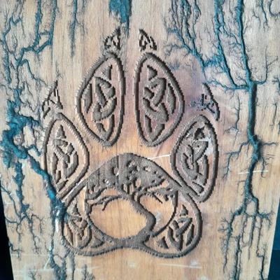 Wolf Paw print Native American design Fracted wood artwork