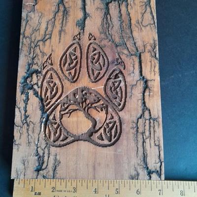Wolf Paw print Native American design Fracted wood artwork