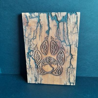 Wolf Paw print Native American design Fracted wood artwork