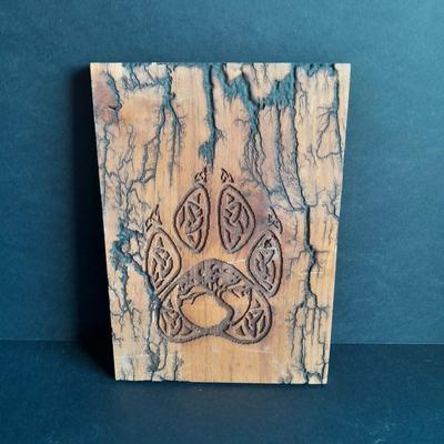 Wolf Paw print Native American design Fracted wood artwork
