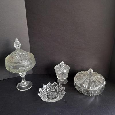 Pressed glass candy dishes, bowl, and lidded small pedestal dish