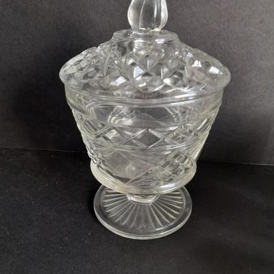 Pressed glass candy dishes, bowl, and lidded small pedestal dish