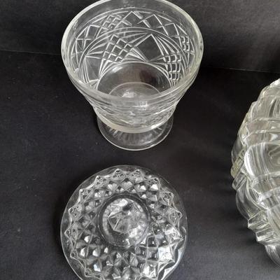 Pressed glass candy dishes, bowl, and lidded small pedestal dish