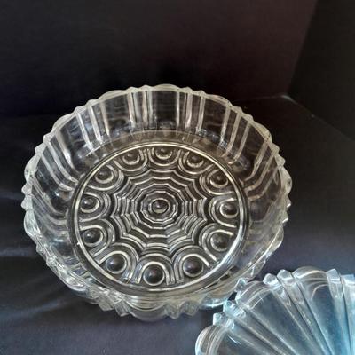 Pressed glass candy dishes, bowl, and lidded small pedestal dish