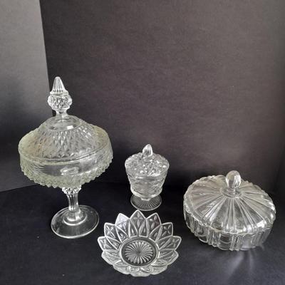 Pressed glass candy dishes, bowl, and lidded small pedestal dish