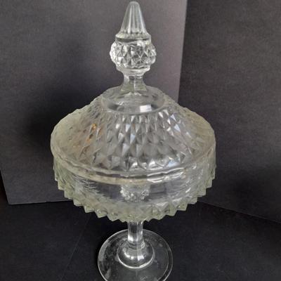Pressed glass candy dishes, bowl, and lidded small pedestal dish