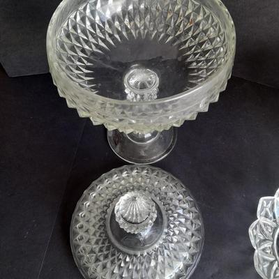 Pressed glass candy dishes, bowl, and lidded small pedestal dish