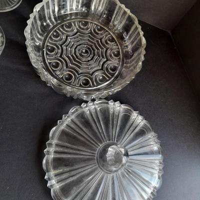 Pressed glass candy dishes, bowl, and lidded small pedestal dish