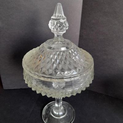 Pressed glass candy dishes, bowl, and lidded small pedestal dish