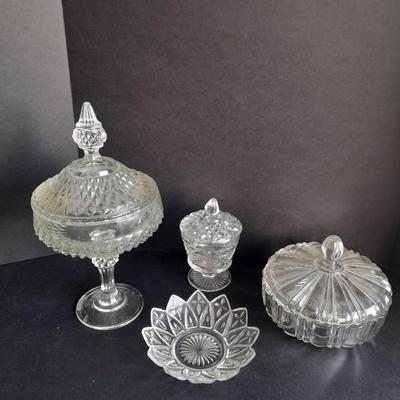 Pressed glass candy dishes, bowl, and lidded small pedestal dish