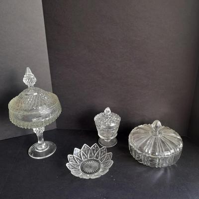 Pressed glass candy dishes, bowl, and lidded small pedestal dish