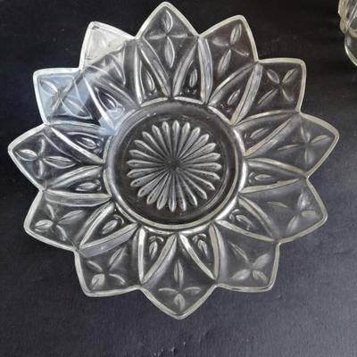 Pressed glass candy dishes, bowl, and lidded small pedestal dish