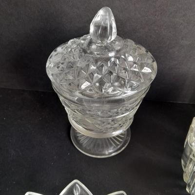 Pressed glass candy dishes, bowl, and lidded small pedestal dish