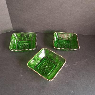 Three Rare Antique US Glass Company California Pattern Green Glass Berry Bowls Circa 1890's