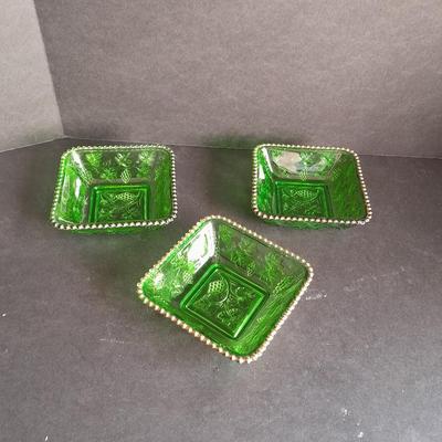 Three Rare Antique US Glass Company California Pattern Green Glass Berry Bowls Circa 1890's
