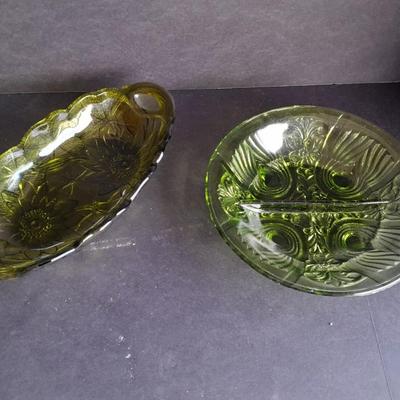 Two Vintage Indiana Glass Avocado Green Dishes