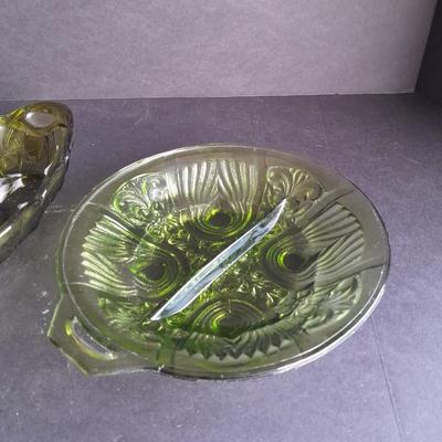 Two Vintage Indiana Glass Avocado Green Dishes