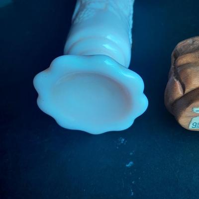 Vintage RARE Pink Raspberry Milk glass fluted Vase With whale candle sconce and wood carved boot